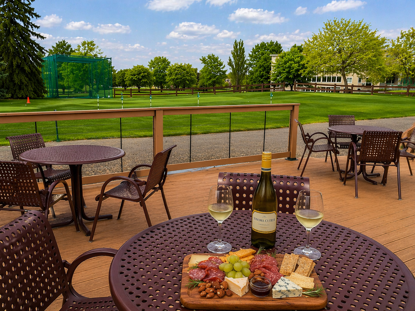 A table on the El Gran Jardin patio overlooking the Emerald Greens Golf Course.