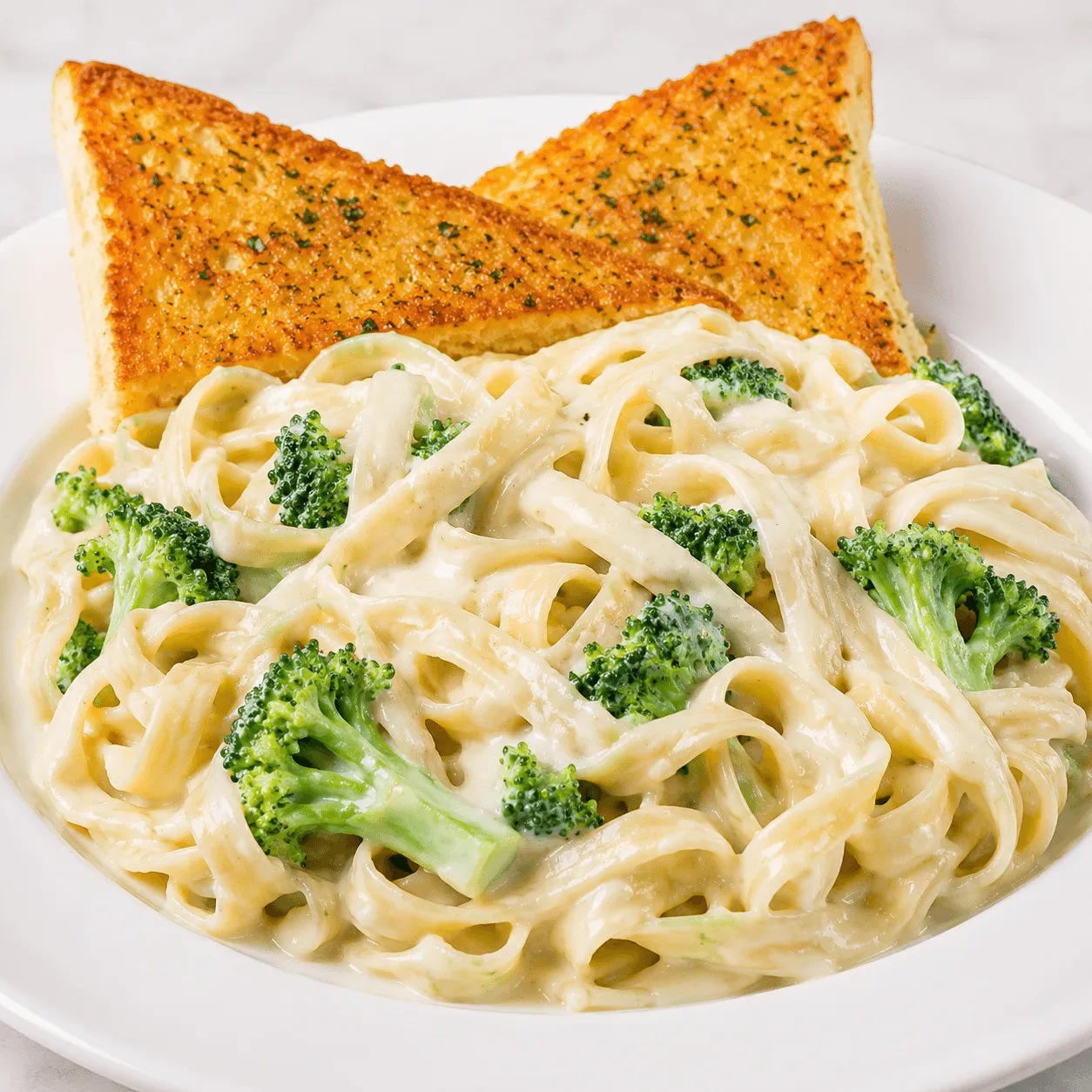 Broccoli Fettuccine Alfredo tossed in creamy Alfredo sauce with garlic sourdough