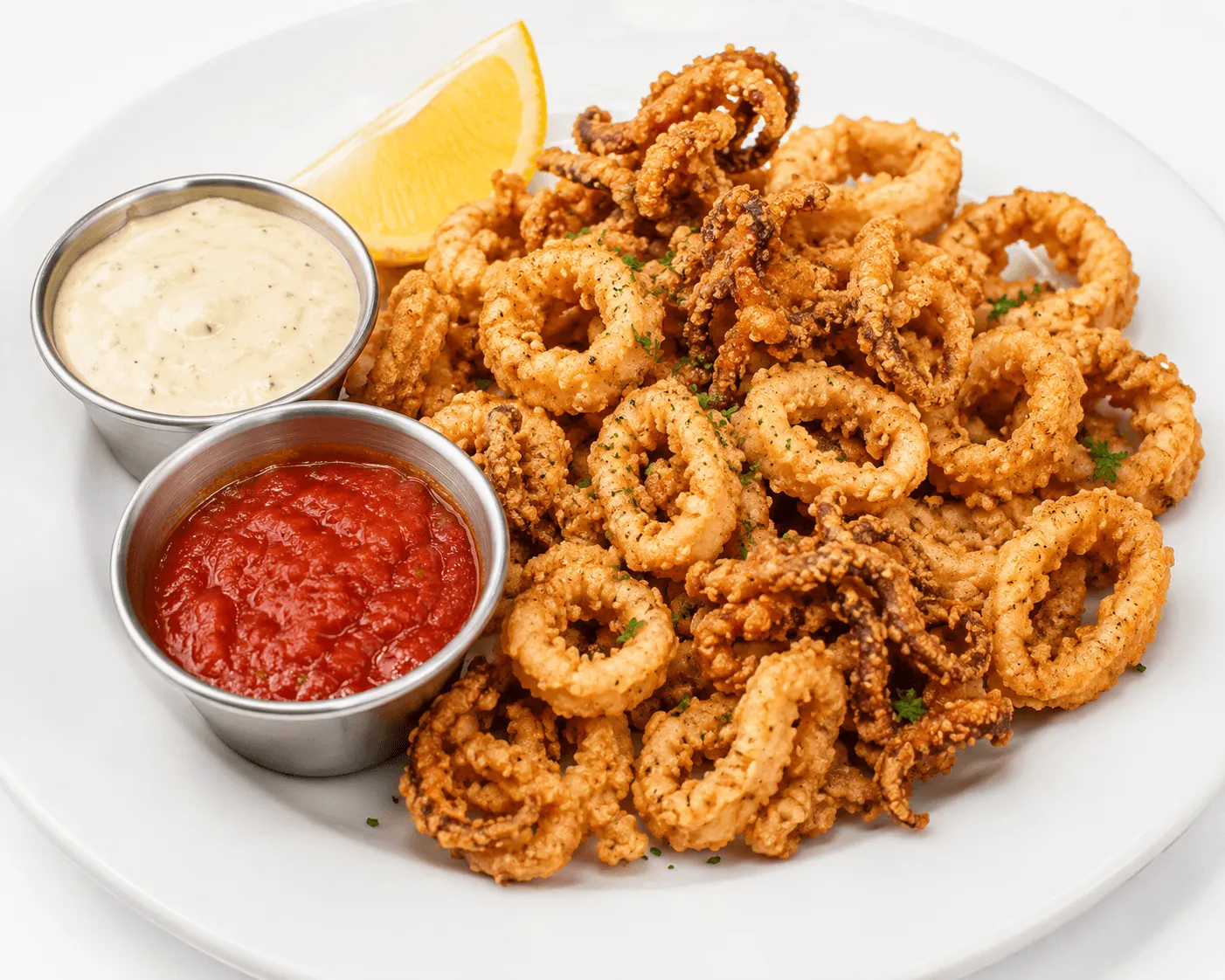 Fried Calamari rings served with marinara and dipping sauces