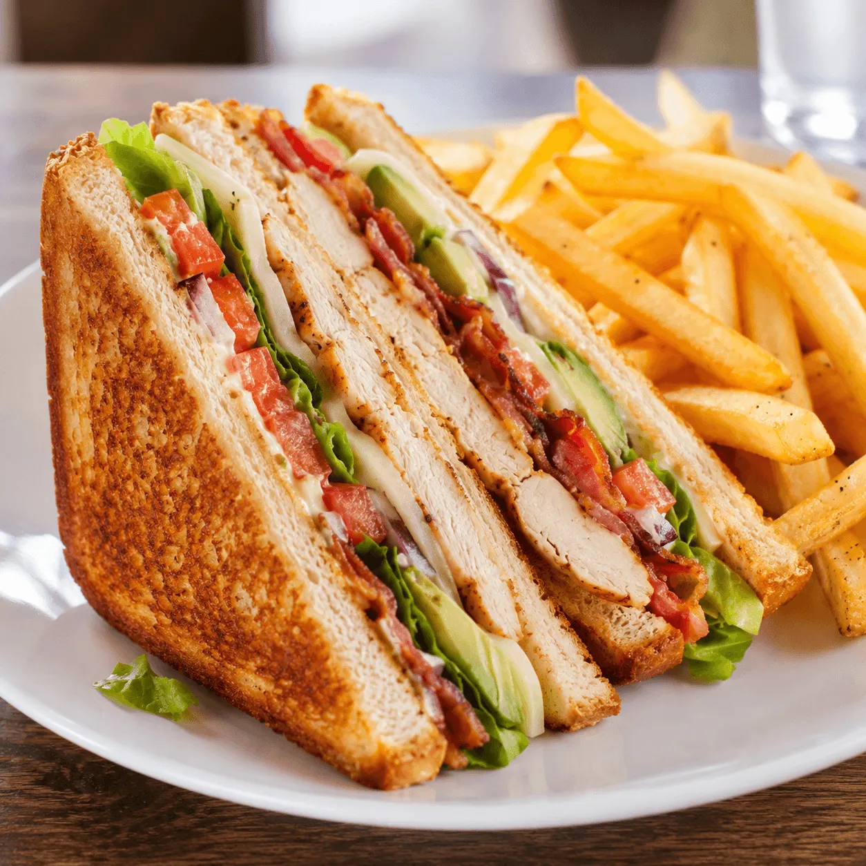 Chicken Club sandwich with grilled chicken, Swiss cheese, bacon and avocado on Texas toast