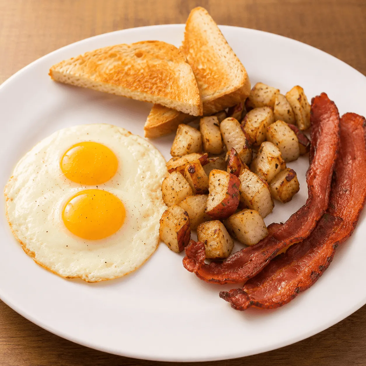 Classic Breakfast plate with two eggs, bacon, toast and roasted potatoes