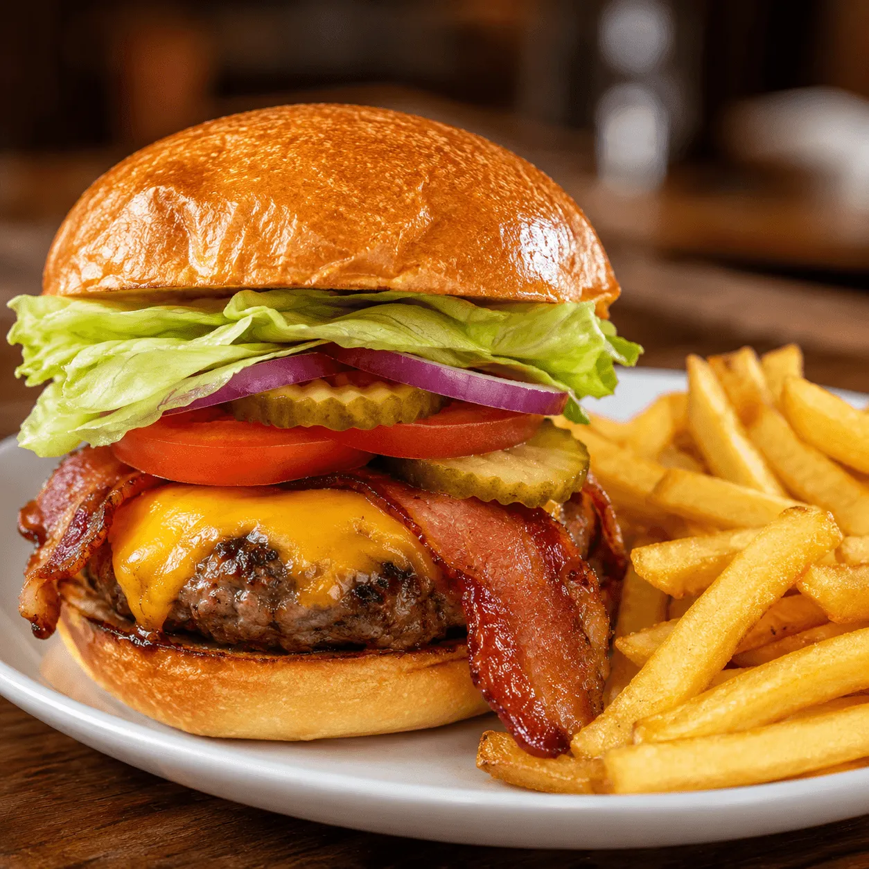 Classic Burger with cheddar cheese, bacon, lettuce, tomatoes, onions and pickles