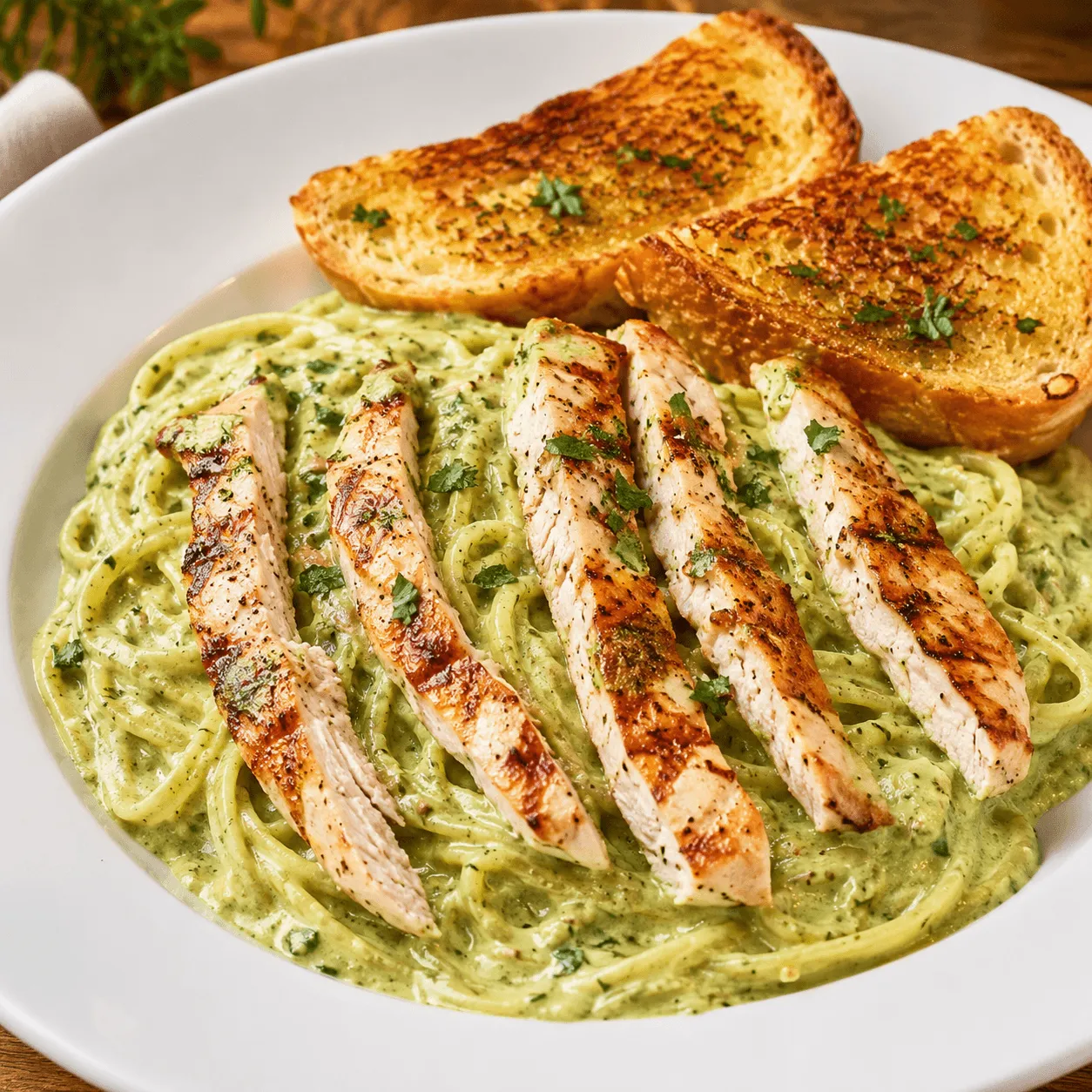 Creamy Roasted Poblano Pasta with spaghetti, grilled chicken and garlic sourdough
