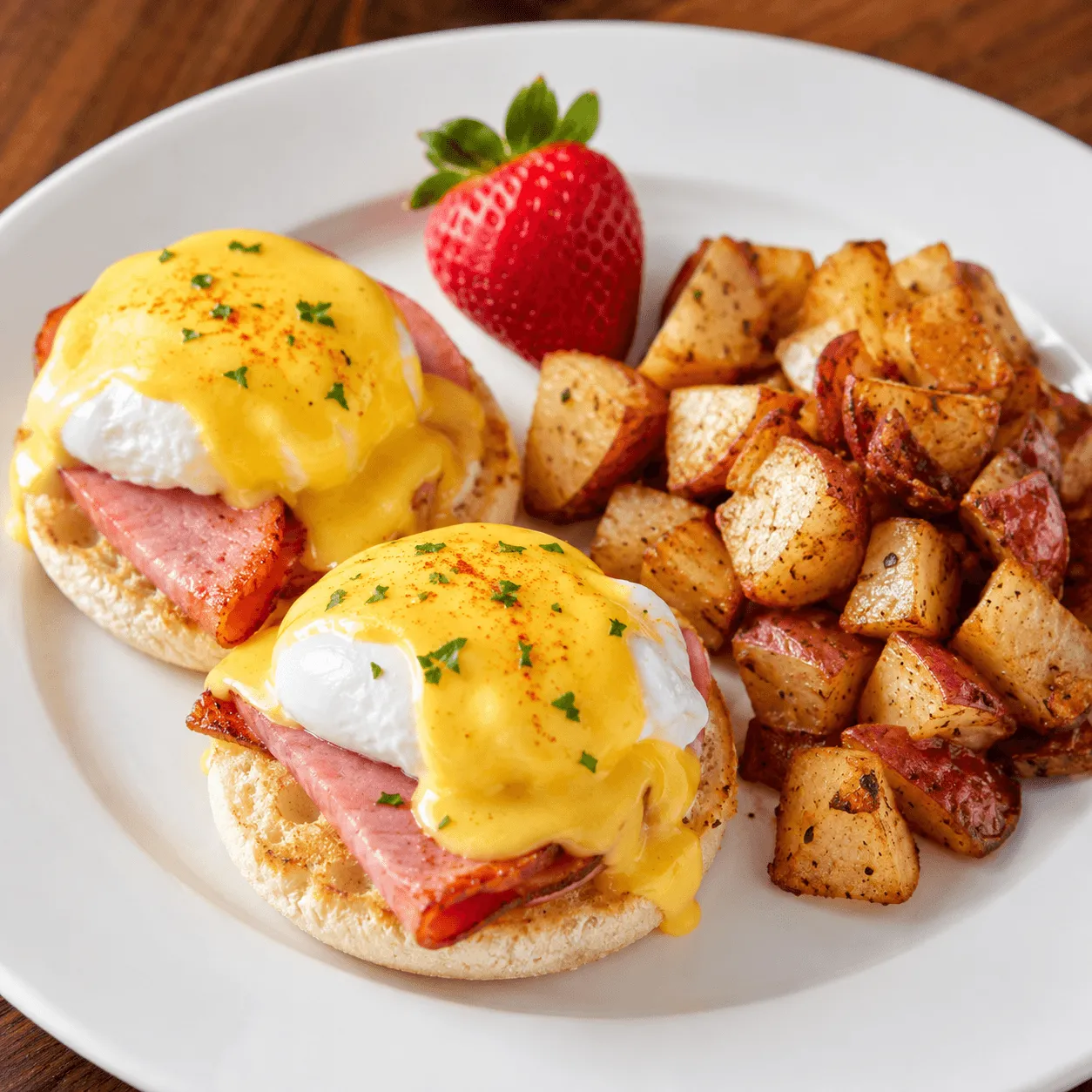Eggs Benedict with poached eggs and Hollandaise sauce on an English muffin
