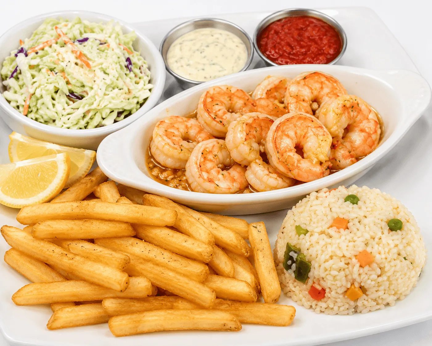 Garlic Butter Shrimp sautéed with garlic butter, served with rice and French fries