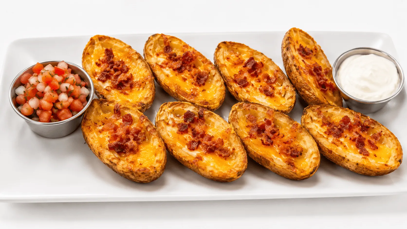 Potato Skins loaded with mixed cheese and bacon, served with pico de gallo and sour cream