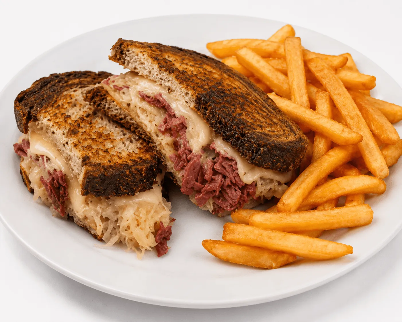 Reuben Sandwich with corned beef, Swiss cheese, sauerkraut and Thousand Island dressing on rye