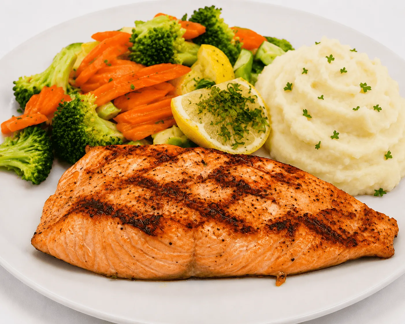 Grilled Salmon fillet with seasonal vegetables and mashed potatoes