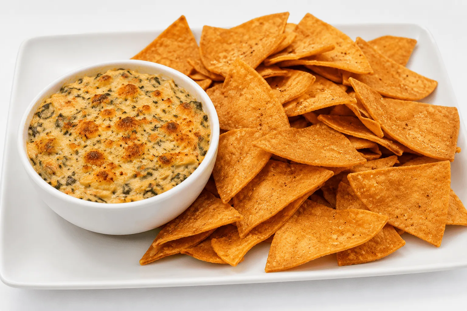 Spinach and Artichoke Dip topped with crispy Parmesan cheese and homemade tortilla chips