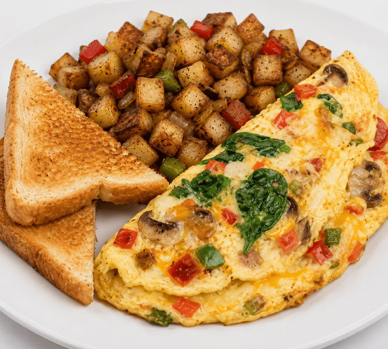 Veggie Omelet with egg whites, bell peppers, spinach, mushrooms and onions
